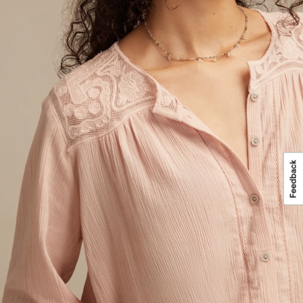 Lucky Brand Long Sleeve Pintuck Bubble Top Blouse Pink Lace L - Picture 2 of 10